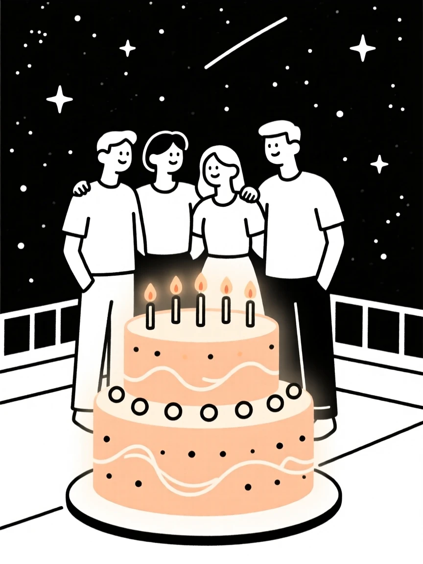 Friends gathered for a family reunion in a rooftop under the stars, surrounded by a tiered celebration cake, radiating warm togetherness.