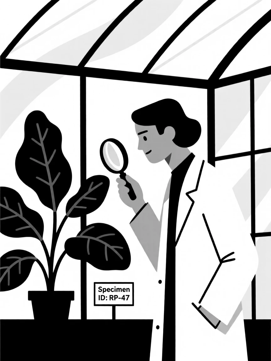 A biologist examining a rare plant specimen in a greenhouse.