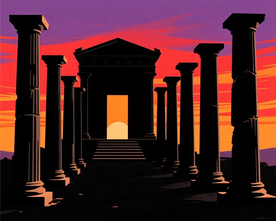 A row of grand columns leading up to an ancient temple entrance.