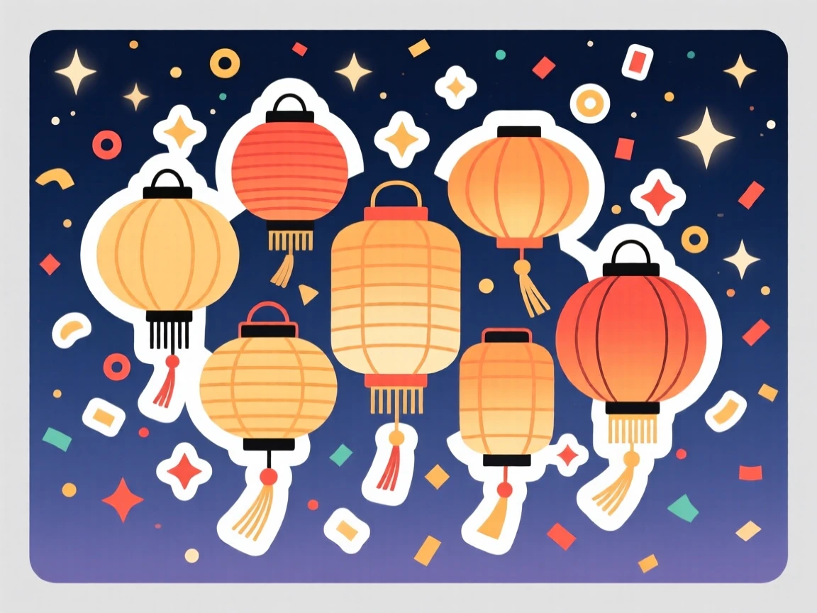 A sparkling and celebratory paper lanterns for a Mid-Autumn Festival celebration, surrounded by falling confetti, under a sky full of stars on a special night.
