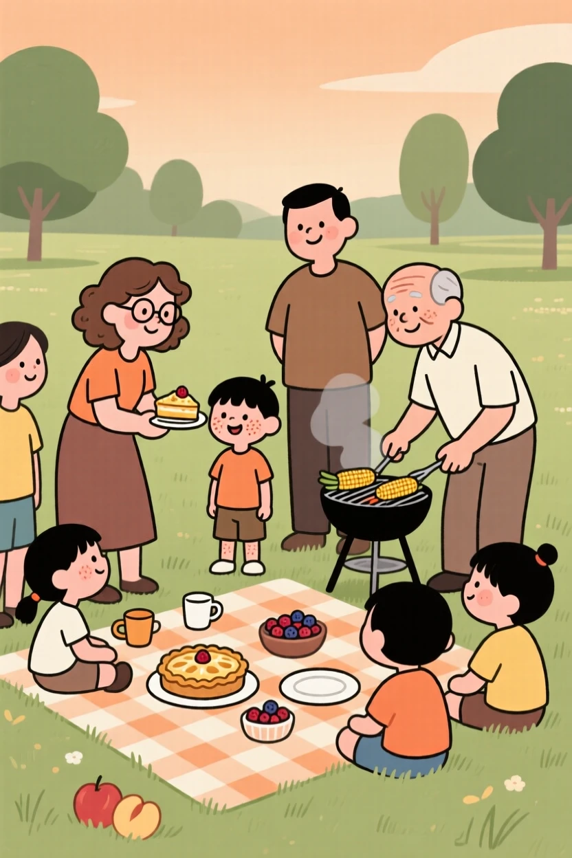 Neighbors gather for a summer barbecue in the local park, sharing fresh pies and conversation as the smell of fresh grass fills the warm evening air.