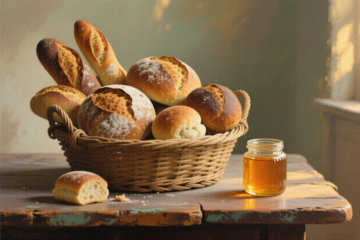 A centered composition of a basket of fresh-baked bread beside a jar of honey, at golden hour.
