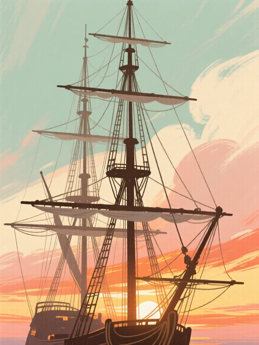 A tall ship's rigging silhouetted against a fiery sunset sky