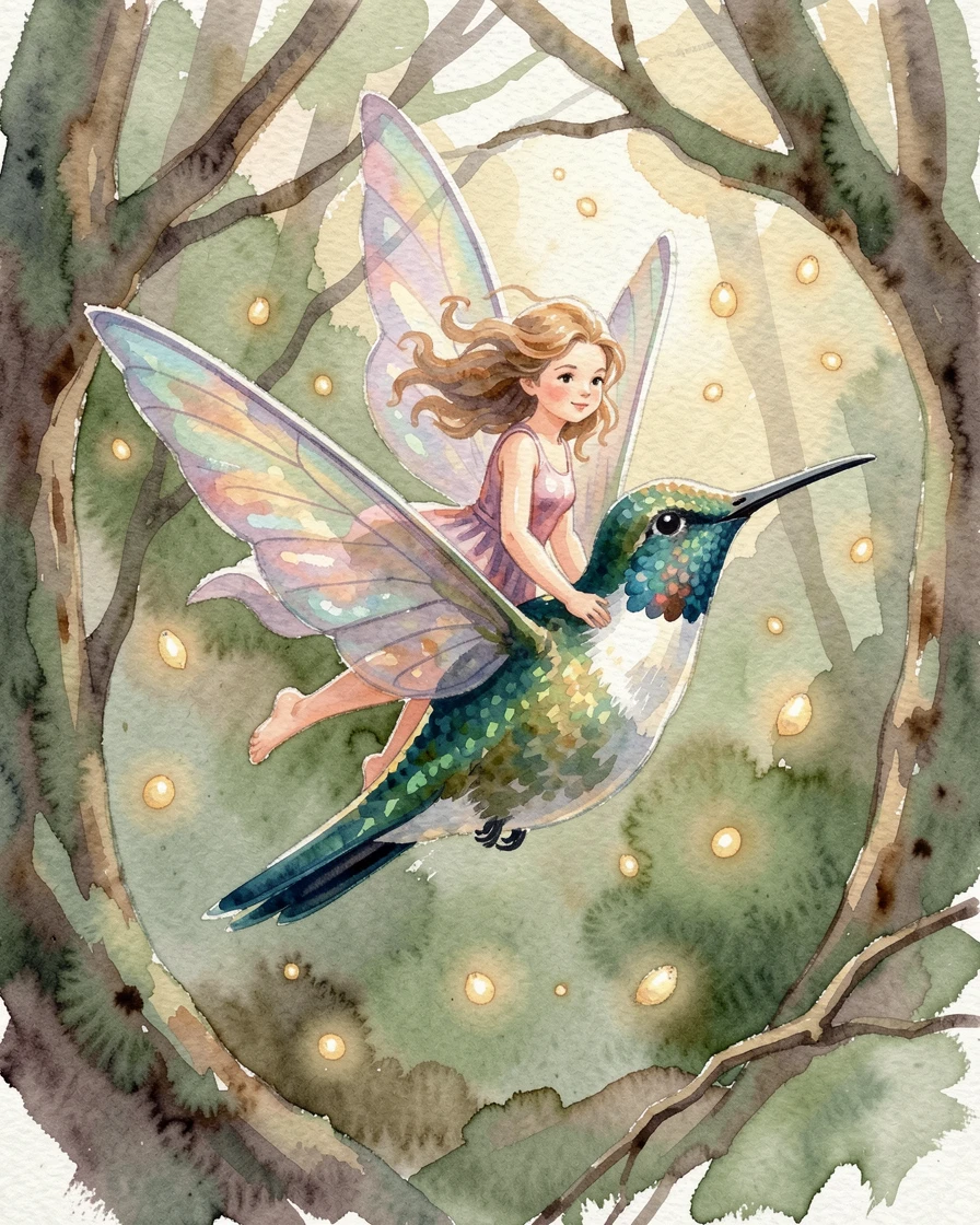 A small fairy riding on the back of a hummingbird with glowing fireflies drifting through the air.