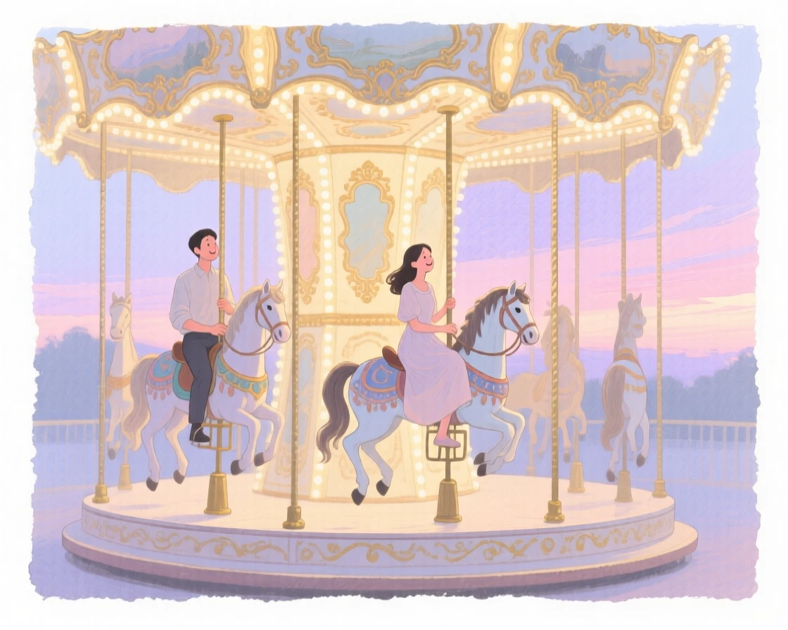 An antique carousel glows with lights at dusk as a couple rides side by side on painted horses