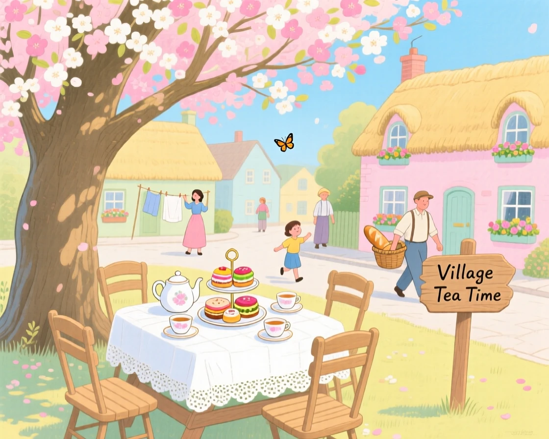 A tea party set up under a blossoming tree, bustling gently with everyday village life.