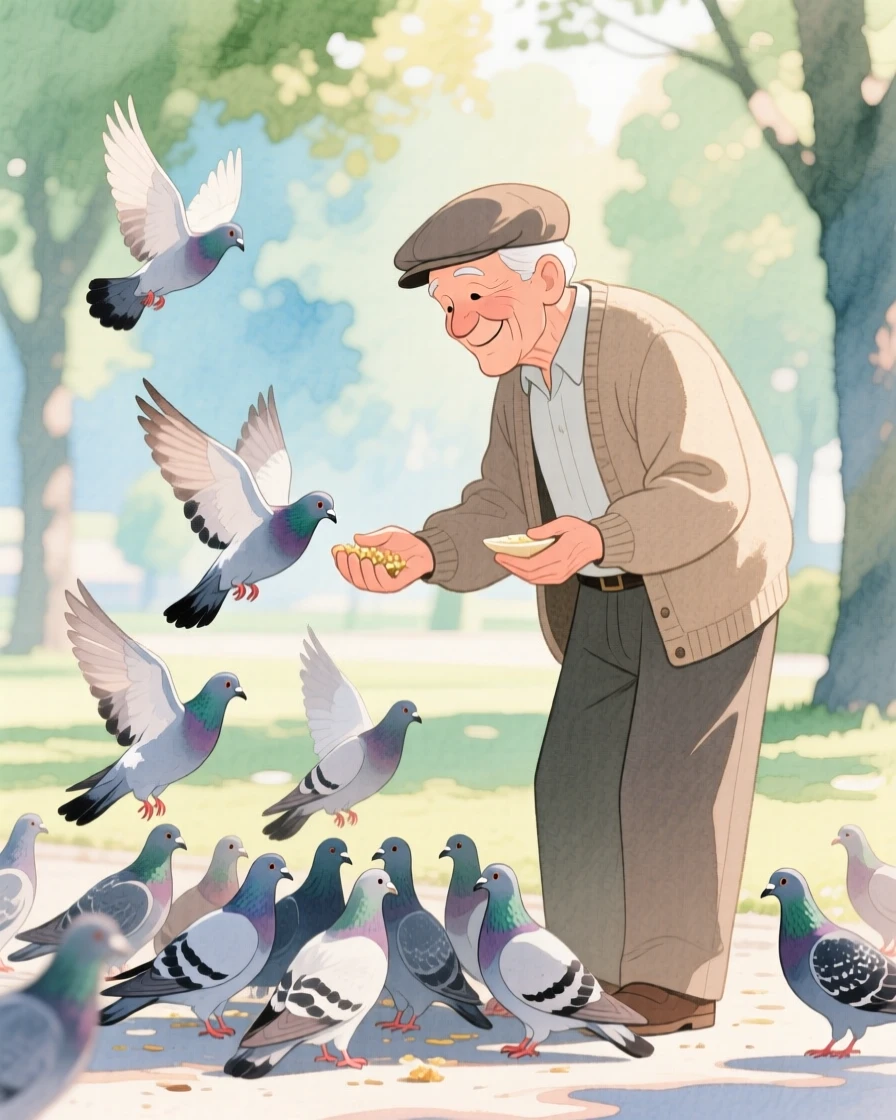 An elderly man feeding pigeons in a quiet park, a soft smile on his face, set against a softly blurred, dreamy background, radiating kindness, hope, and heartfelt emotion.
