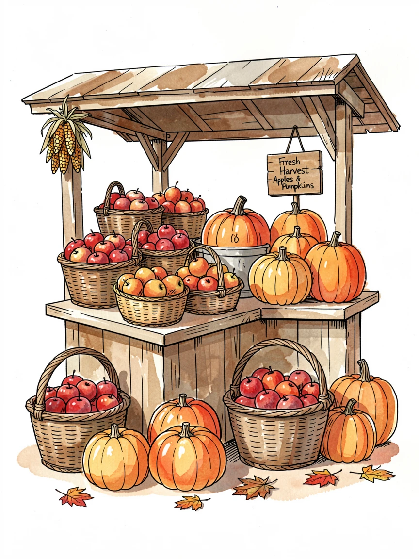 A harvest scene with baskets of apples and pumpkins at a farm stand, small decorative details adding charm throughout.