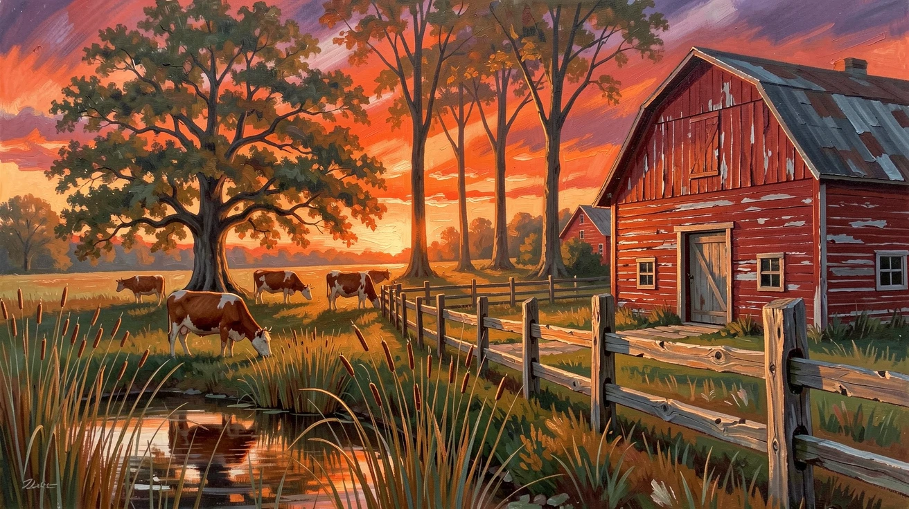 At sunset, silhouettes of trees standing against a fiery sky, an old red barn beside a weathered fence, near a small pond fringed with cattails, cows grazing lazily beneath a spreading oak tree.