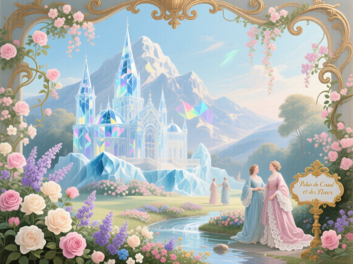 A crystal palace hidden inside a mountain of ice and flowers  