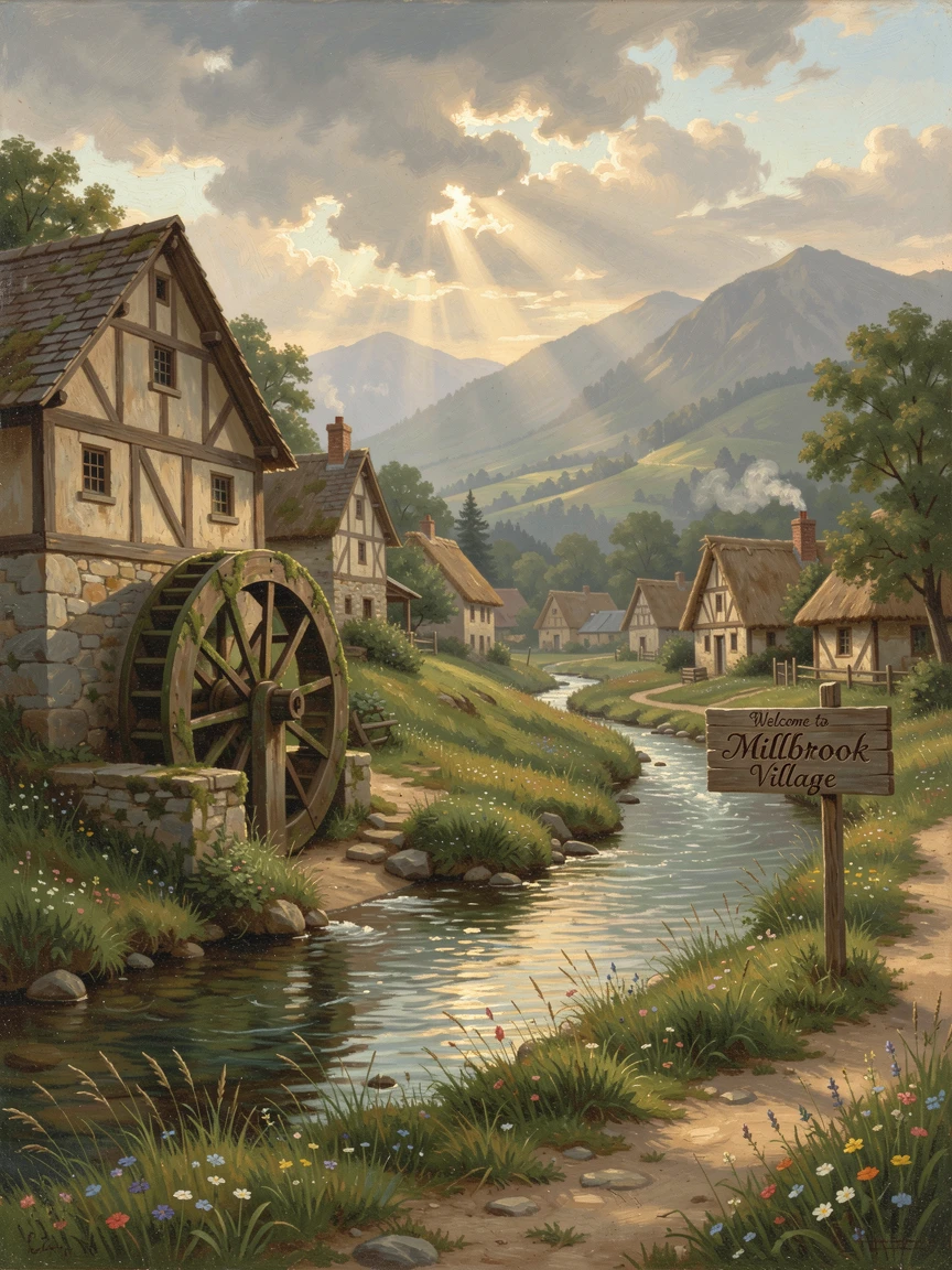 An old mill wheel turns beside a stream running through the village.