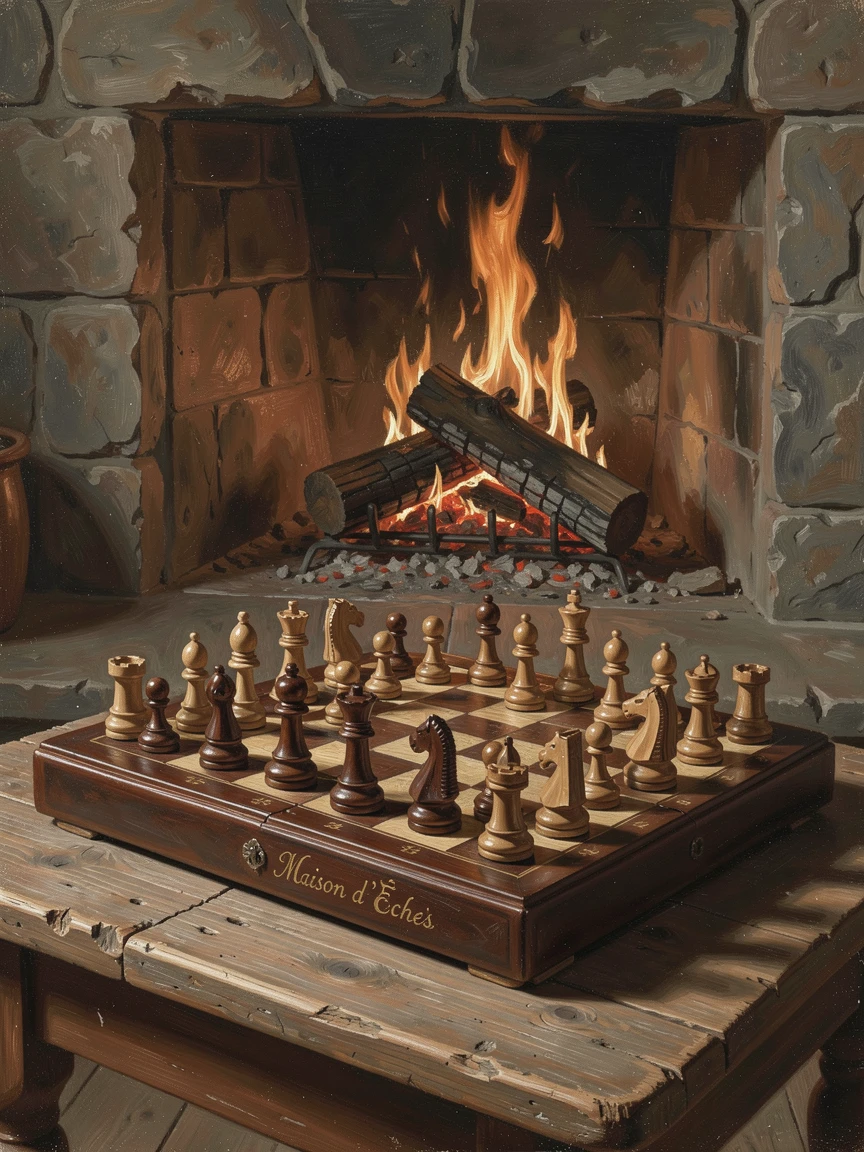 A leather-bound chess set mid-game beside a crackling fireplace, as delicate shadows fall across the surrounding surface, evoking elegance, refinement, and quiet luxury