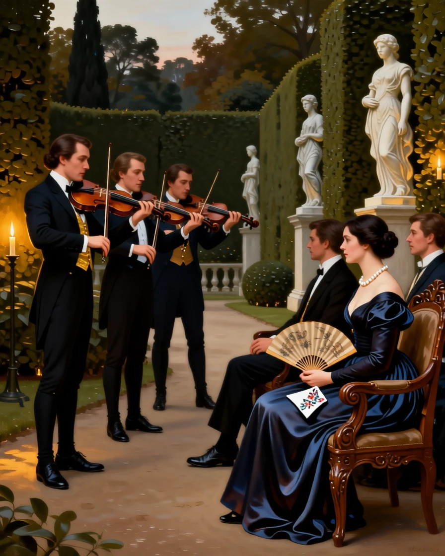 A string quartet performing for seated aristocratic guests in a moment of quiet, practiced grace, set in a formal garden with clipped hedges and marble statues, with a fan, a pearl necklace, and an embroidered handkerchief as quiet accents; warm candlelight pools around the principal figures against a cooler backdrop, filled with quiet ceremony and inherited dignity.