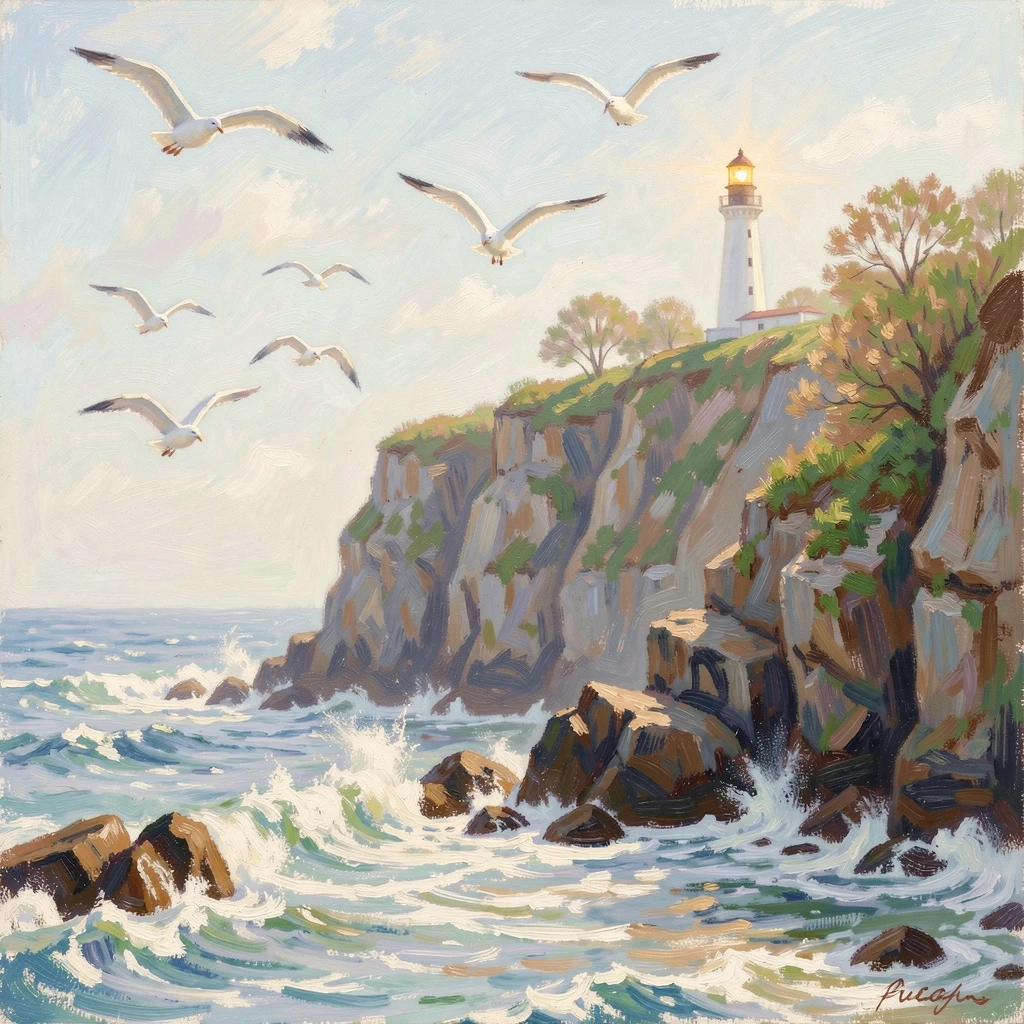 A dramatic cliffside coastline where waves crash against dark rocks, a lighthouse standing sentinel on the point as gulls wheel overhead, in early spring, filled with a cozy, comforting atmosphere.