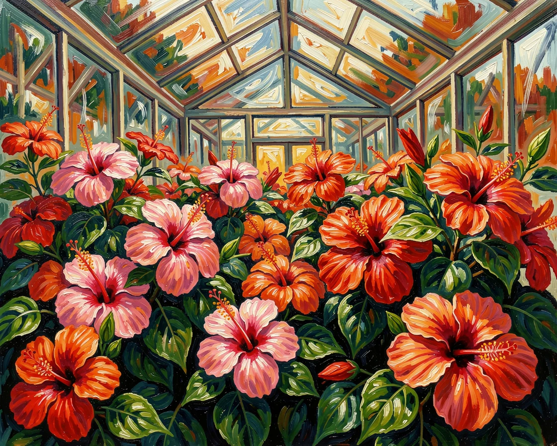 A greenhouse filled with blooming hibiscus in shades of red, pink, and orange.