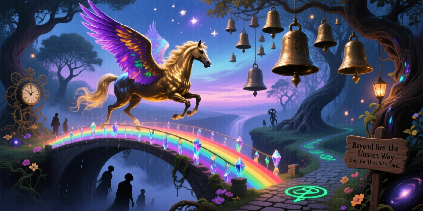 A winged horse galloping across a bridge of solid rainbow light guards a hidden path that few have ever found, while distant bells seem to ring without any wind.