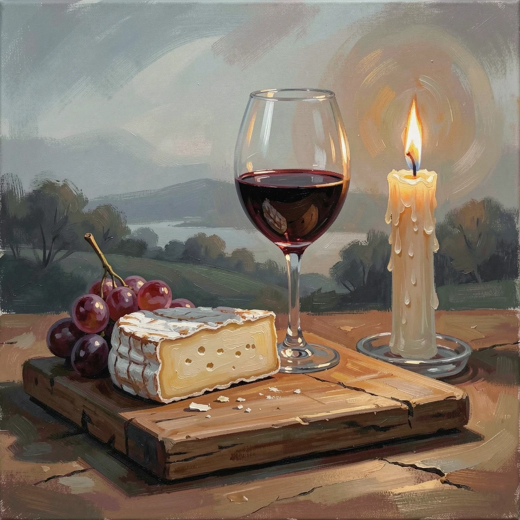 A rustic cutting board holds a wedge of aged cheese, a cluster of grapes, and a half-full glass of red wine beside a flickering candle, the changing light gradually shifting the mood of the landscape from moment to moment.
