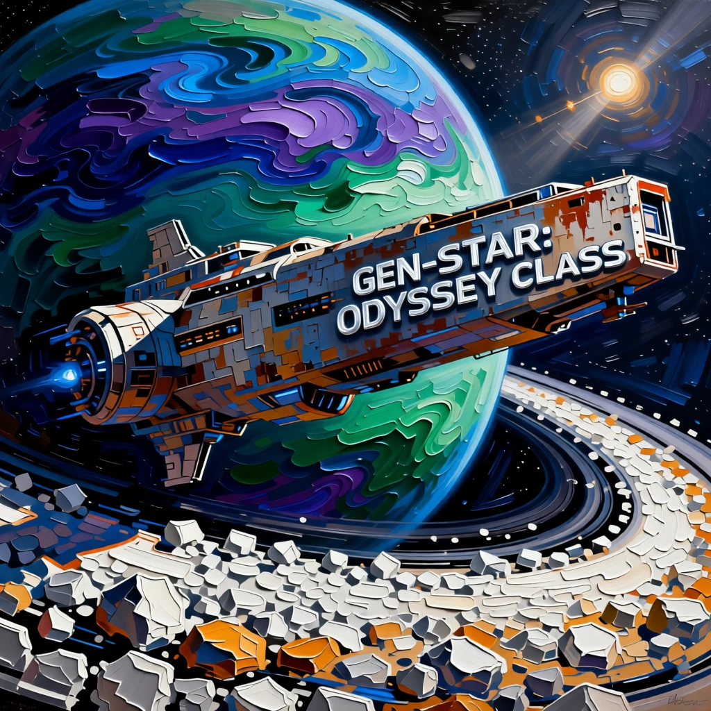 A generation starship drifting slowly past the rings of a distant gas giant