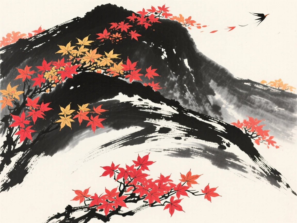 Maple leaves blaze red and gold across a mountain slope, as a cool wind sweeps across the hillside.