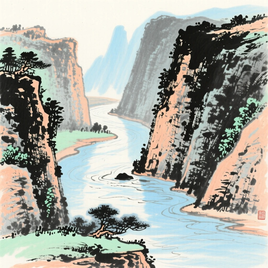 A winding river flowing gently between steep cliffs, at midday.