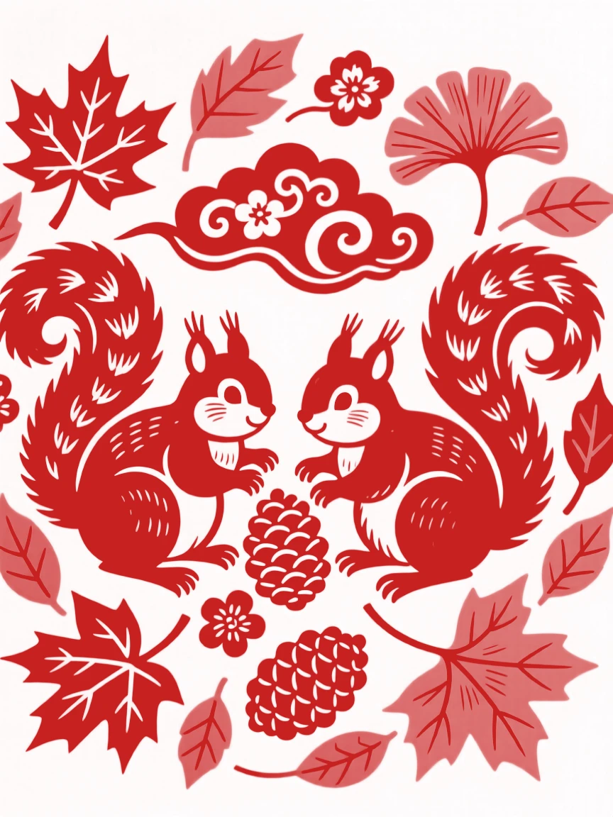 A pair of squirrels gathering pine cones among autumn leaves, cheeks puffed full, tails curled high