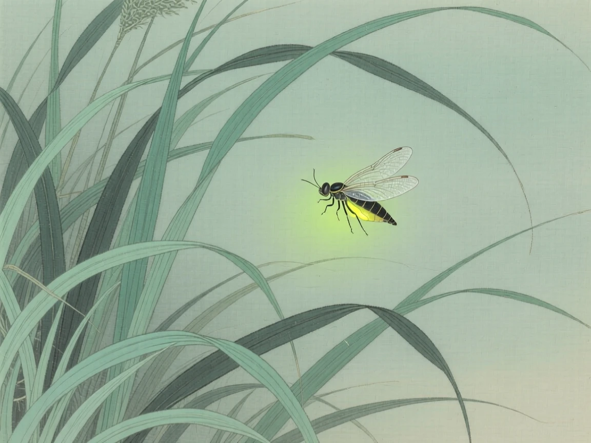 A single firefly among tall grasses swaying in the breeze