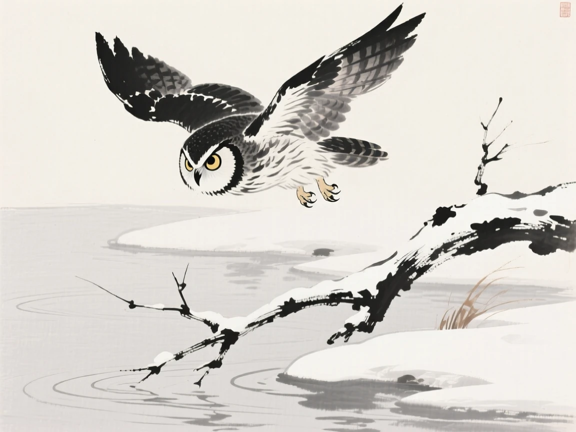 An owl gliding low across the water's surface beside a snow-covered branch, captured mid-motion with wings outstretched, suggesting renewal and the gentle passage of seasons.
