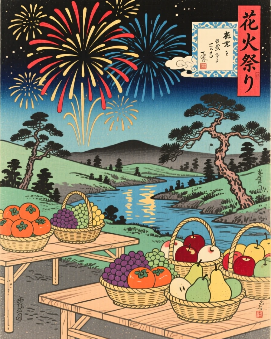 A fireworks display with baskets of fruit piled high on tables.