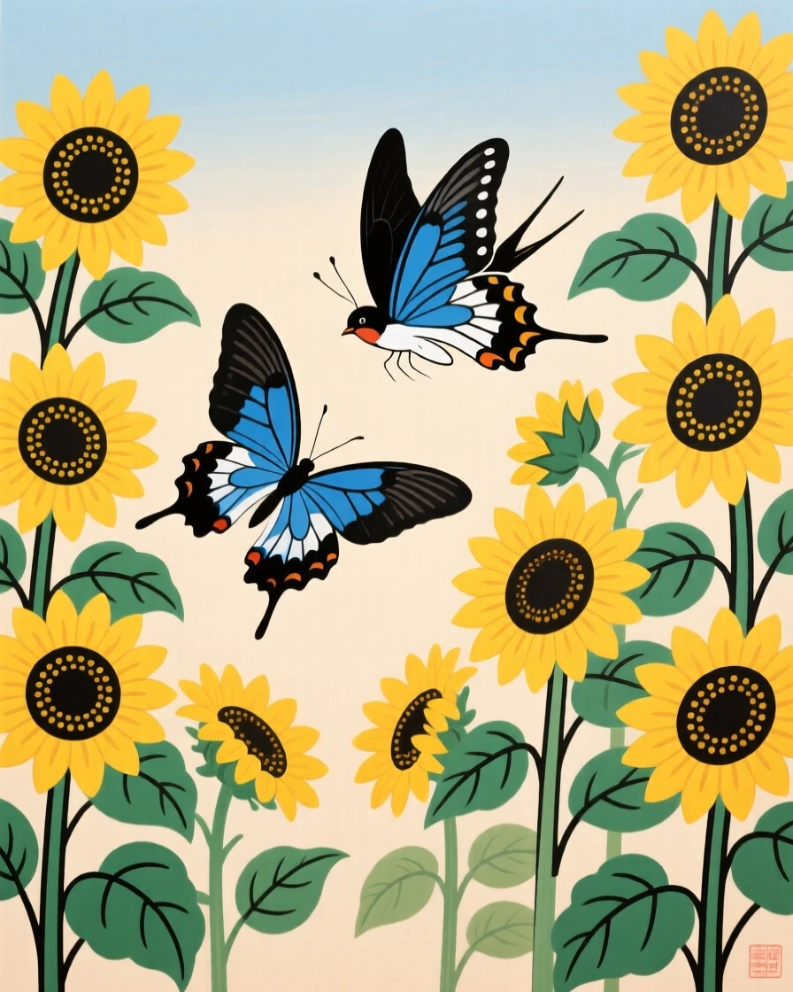 A pair of swallowtail butterflies flitting between rows of sunflowers.