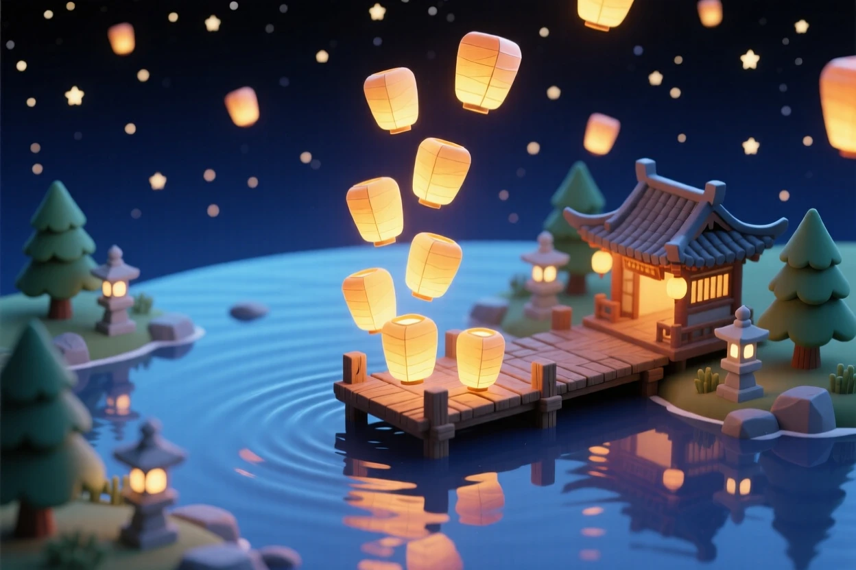 A New Year's lantern release over a lake, glowing paper lanterns drifting upward into a starry night sky.