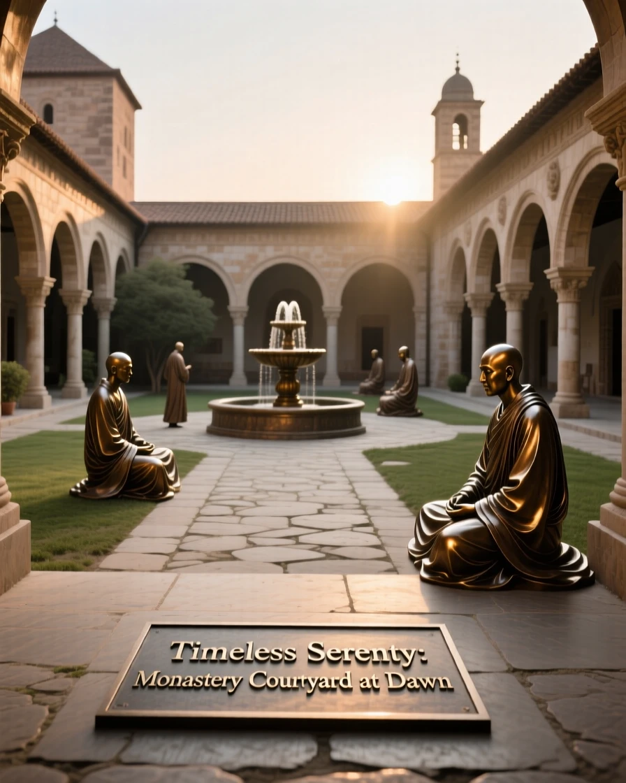 A serene monastery courtyard at first light, rendered with striking symmetry and scale, exuding timeless grandeur
