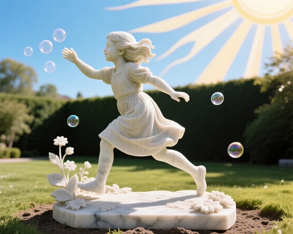 An evocative depiction of a young girl chasing bubbles in a sunlit yard, under a brilliant, colorful sky, balancing detail with emotional depth