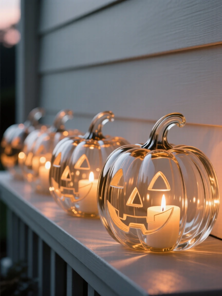 A row of carved pumpkins glowing on a porch at dusk while the scent of fresh baking fills the air
