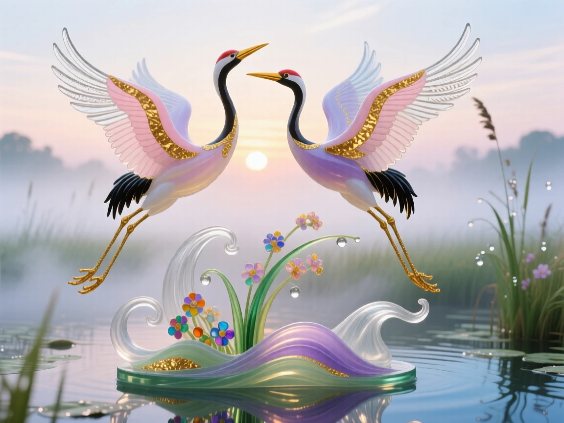A pair of cranes taking flight together from a misty wetland at sunrise, graceful and symbolic.