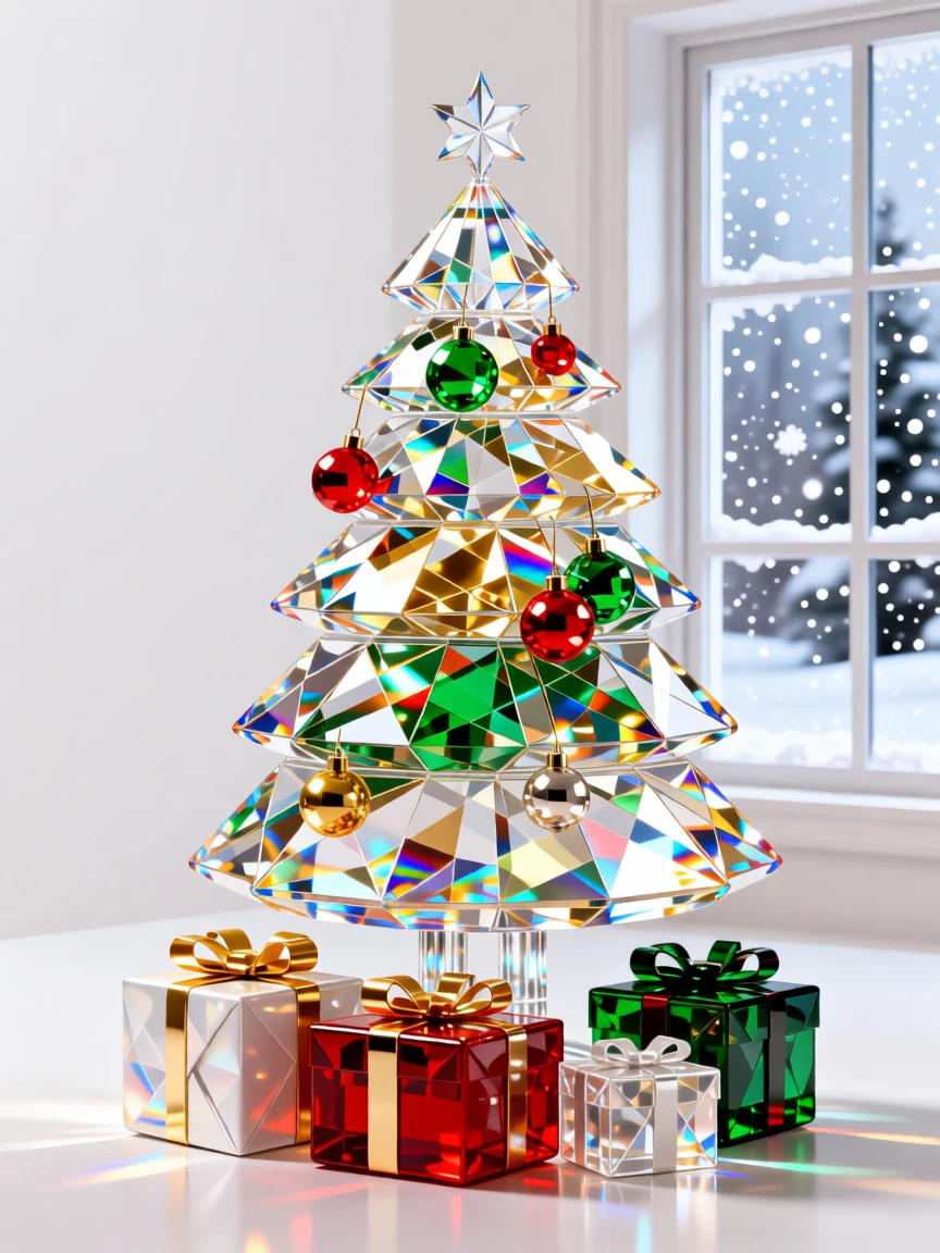 A cozy Christmas morning scene with a decorated tree, wrapped presents, and soft snow falling outside the window.