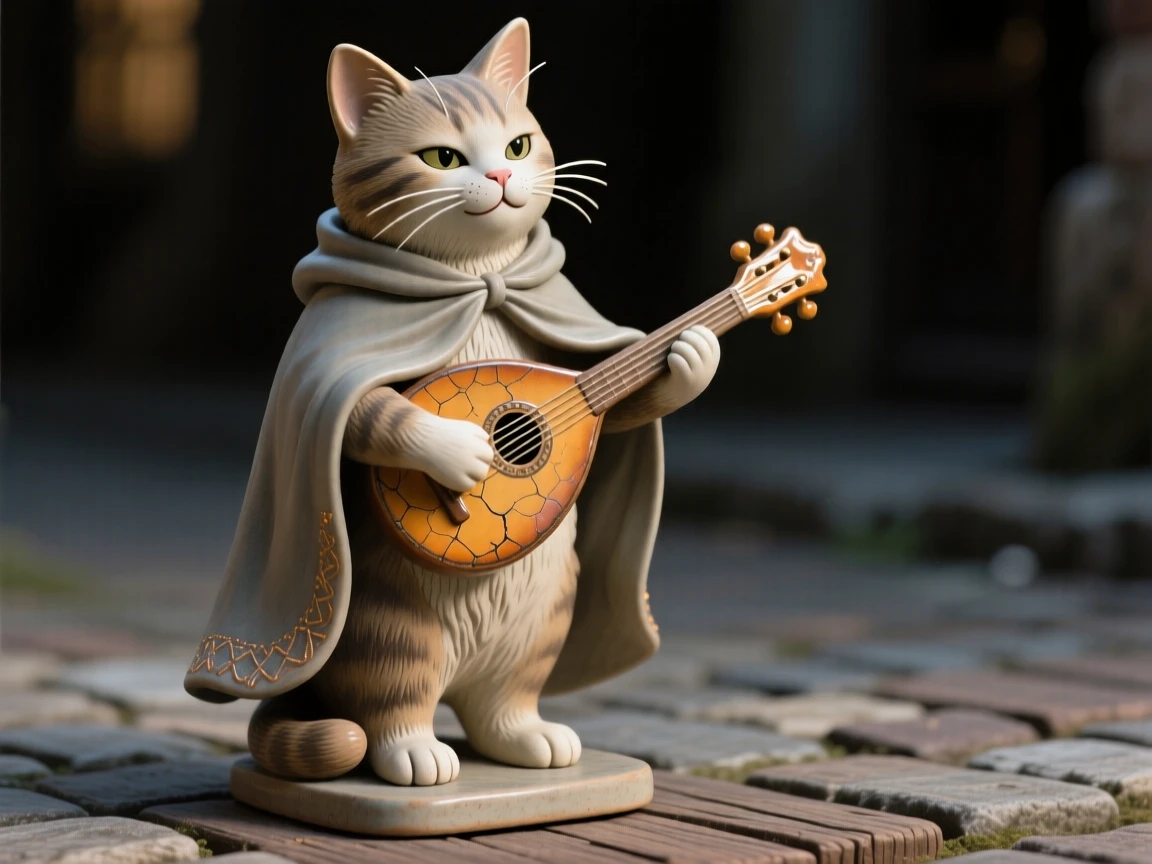 A cat dressed as a wandering musician frozen in a moment of quiet, gentle mischief, bathed in the soft glow of a magical evening, stirring nostalgic delight and warm laughter.