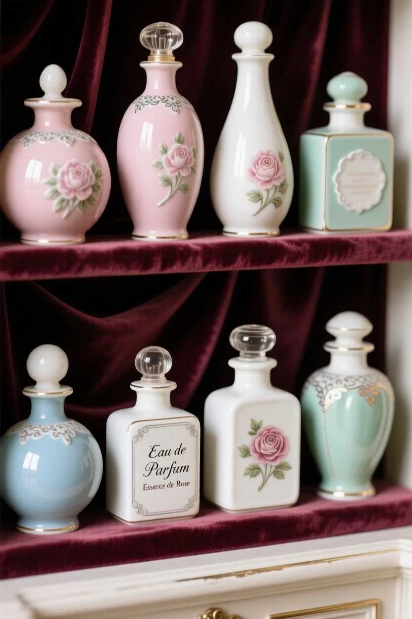 A collection of antique perfume bottles arranged on a velvet-lined shelf, forming a harmonious, elegant composition.