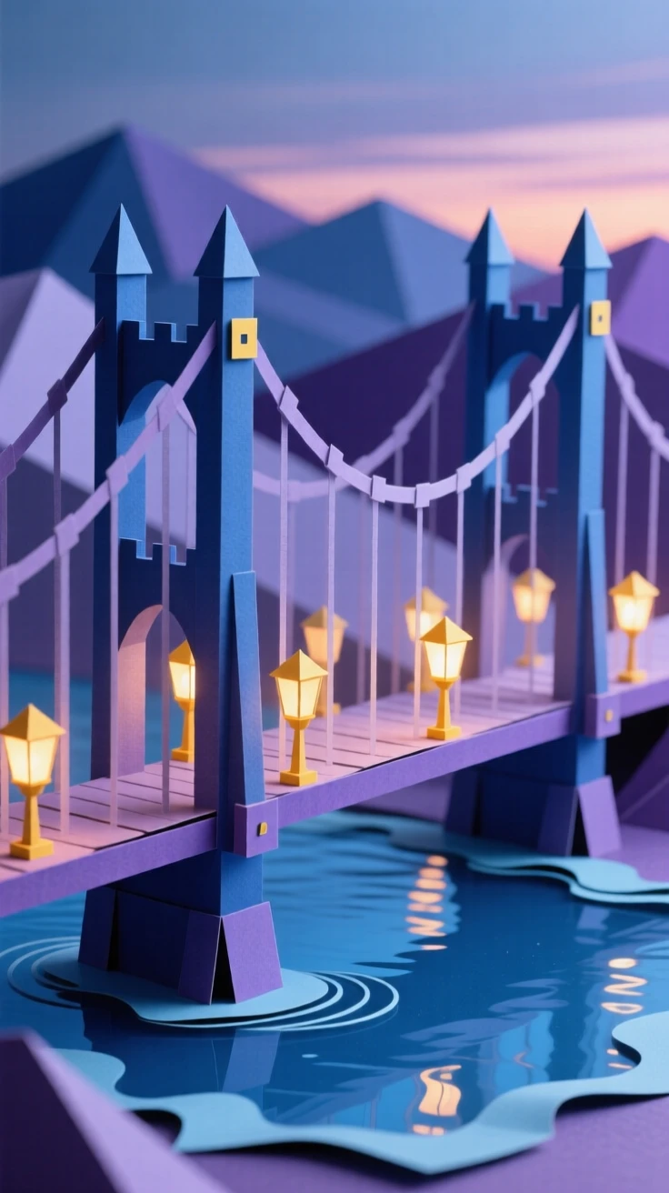 A dramatic suspension bridge glowing softly at twilight, with reflections shimmering on a nearby pool, capturing a sense of awe and craftsmanship.