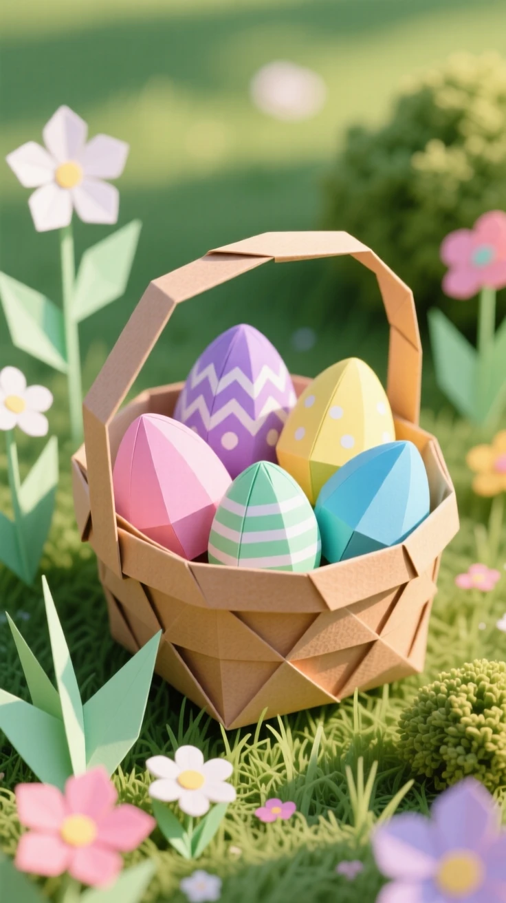 An Easter morning scene with a basket of colorful decorated eggs in a spring garden.