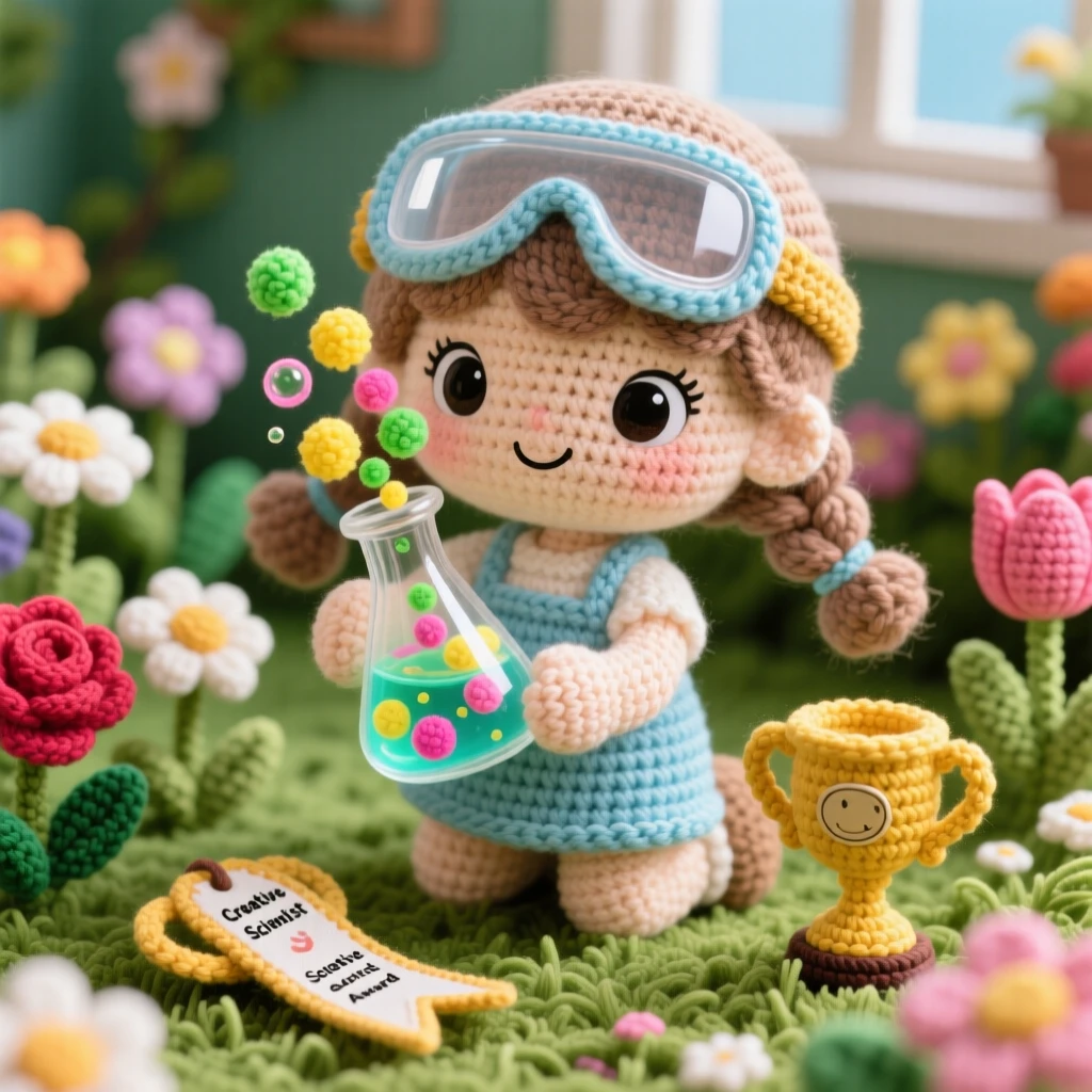 a little girl doing a science experiment, with safety goggles and a small beaker, watching a colorful reaction fizz, in a home garden bursting with blooms, with a small trophy or ribbon nearby, radiating patient concentration and creative satisfaction.