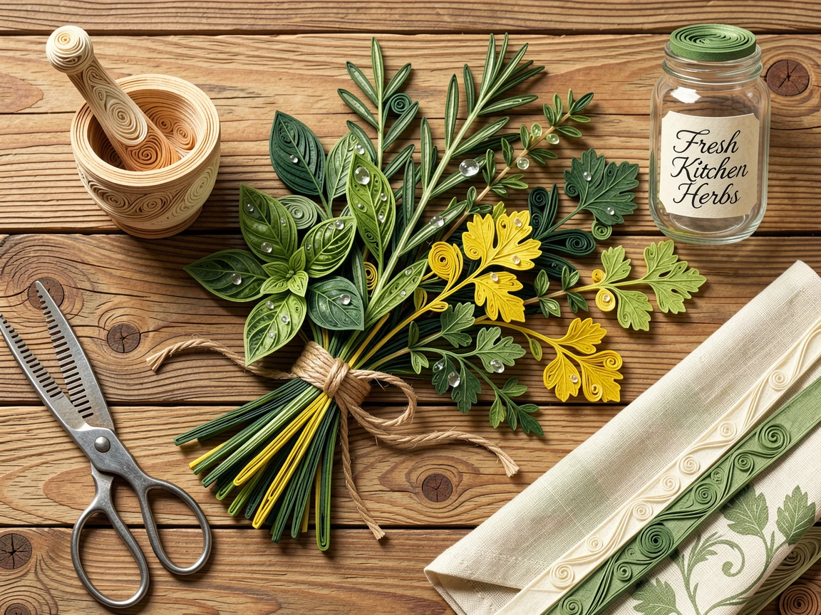 A cozy still life of a bouquet of kitchen herbs tied with twine on a rustic wooden farmhouse table, with glistening droplets of morning dew, arranged with complementary props scattered around.