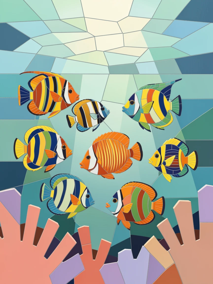 A colorful array of tropical fish swimming near a sunlit reef edge.
