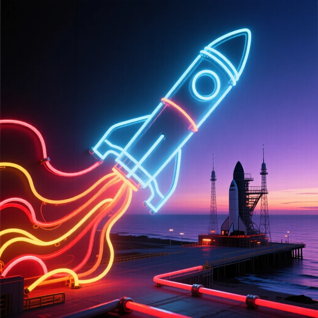 A rocket launching from a coastal spaceport at dawn.
