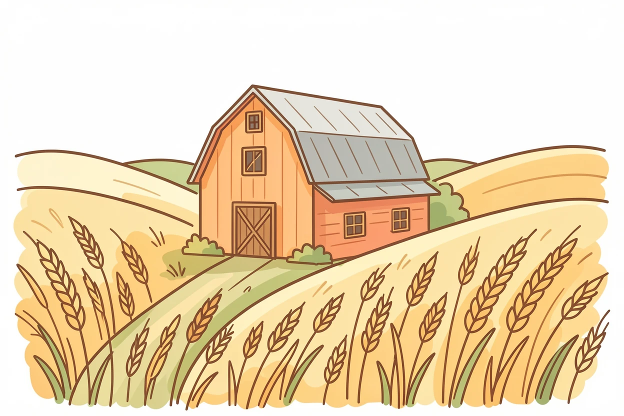 A quiet countryside barn surrounded by rolling hills of golden wheat.