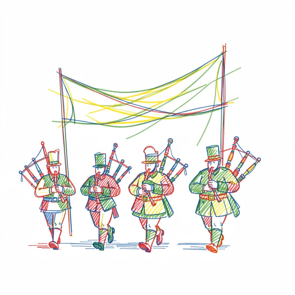 A festive St. Patrick's Day parade with green banners and bagpipers