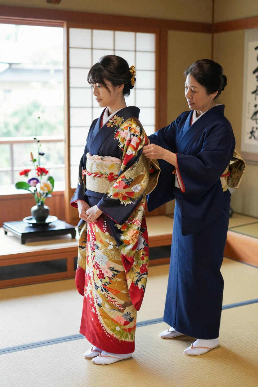 A traditional Japanese kimono fitting ceremony