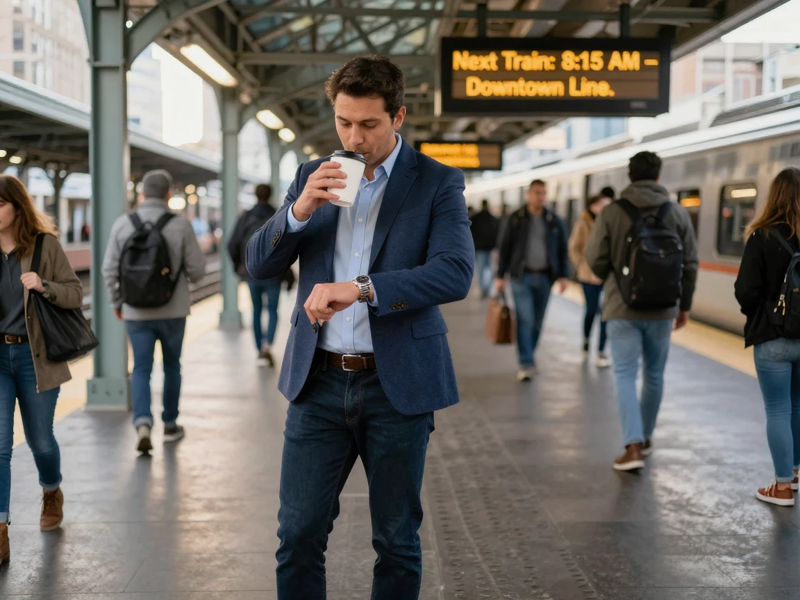 A commuter sips coffee from a paper cup while checking a watch at a train platform.