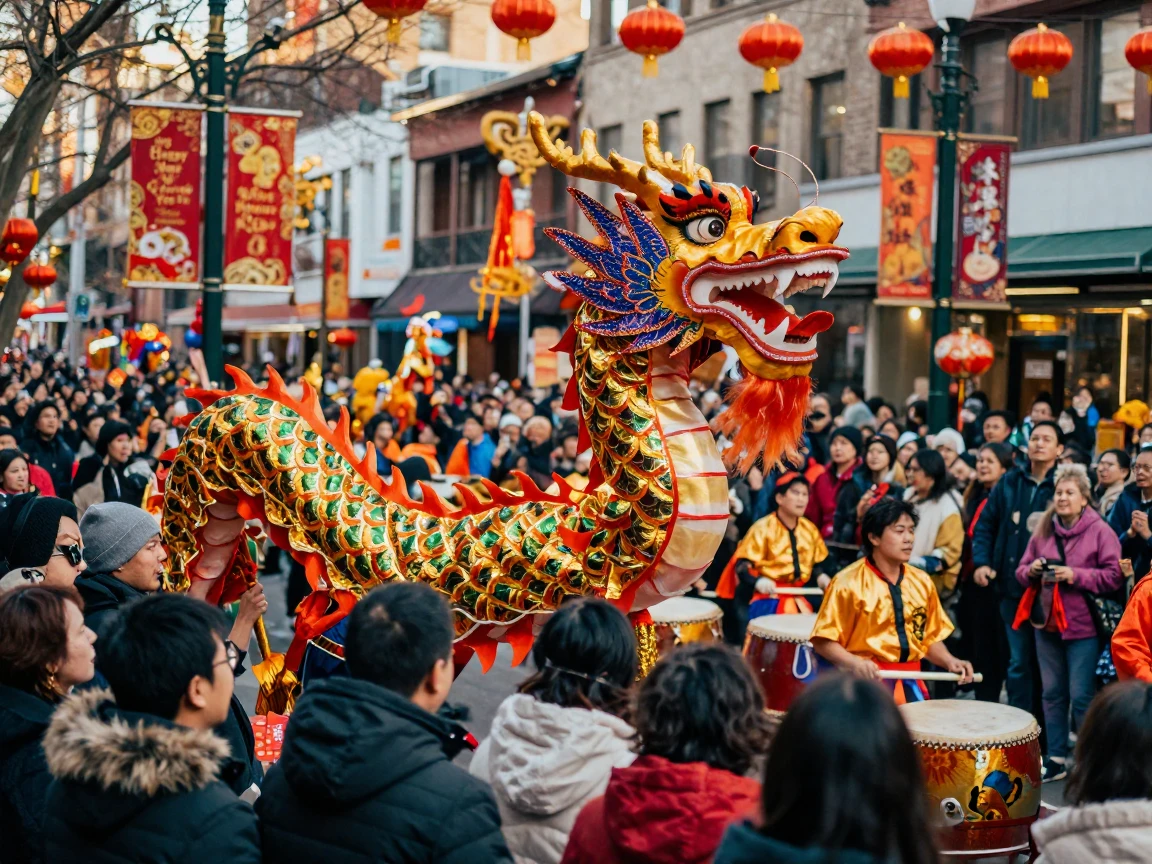 A Chinese New Year parade with a colorful dragon dancing through crowded streets