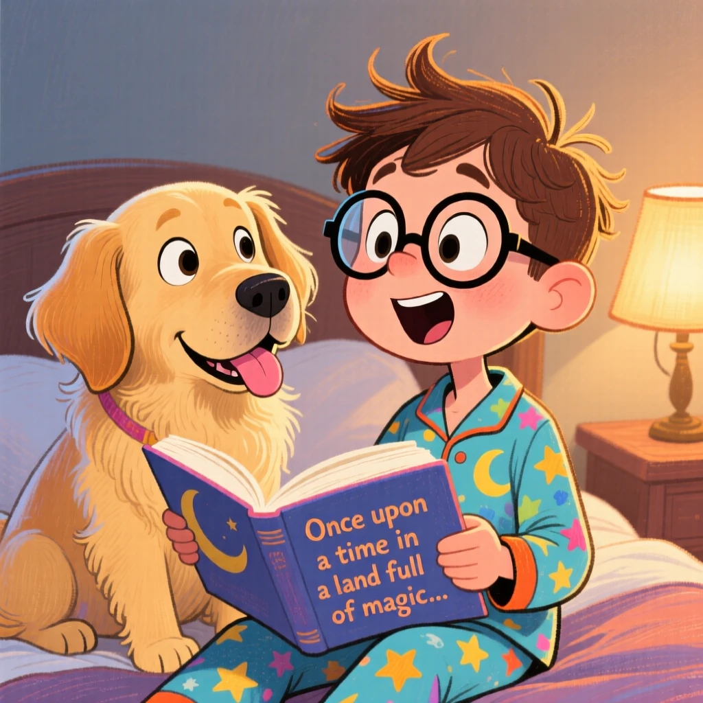 A little boy reading a bedtime story aloud to his attentive golden lab.