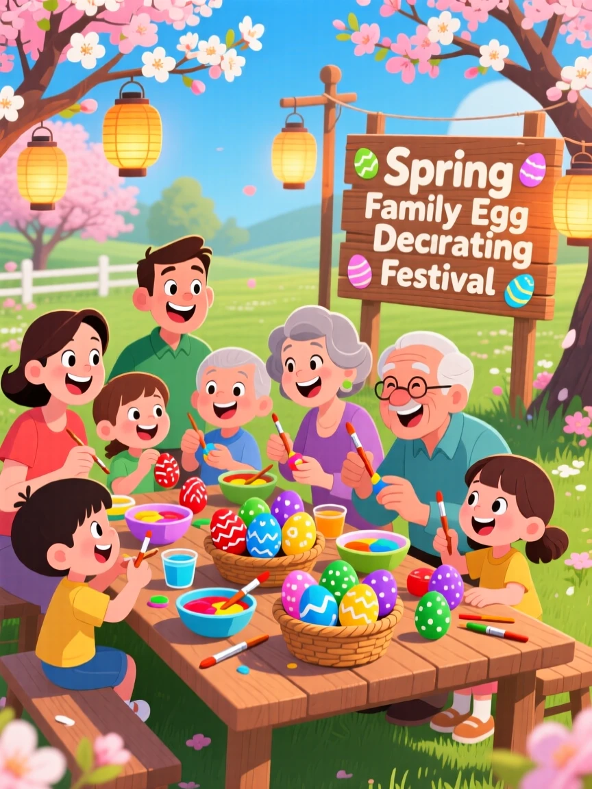 A festive celebration scene of a big extended family decorating eggs together at a spring gathering, with warm lanterns glowing softly nearby.